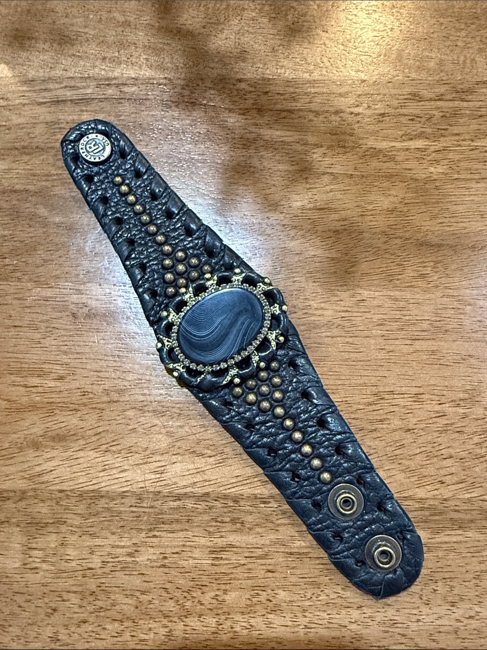 Black Leather Cuff Bracelet with Agate Centerpiece
